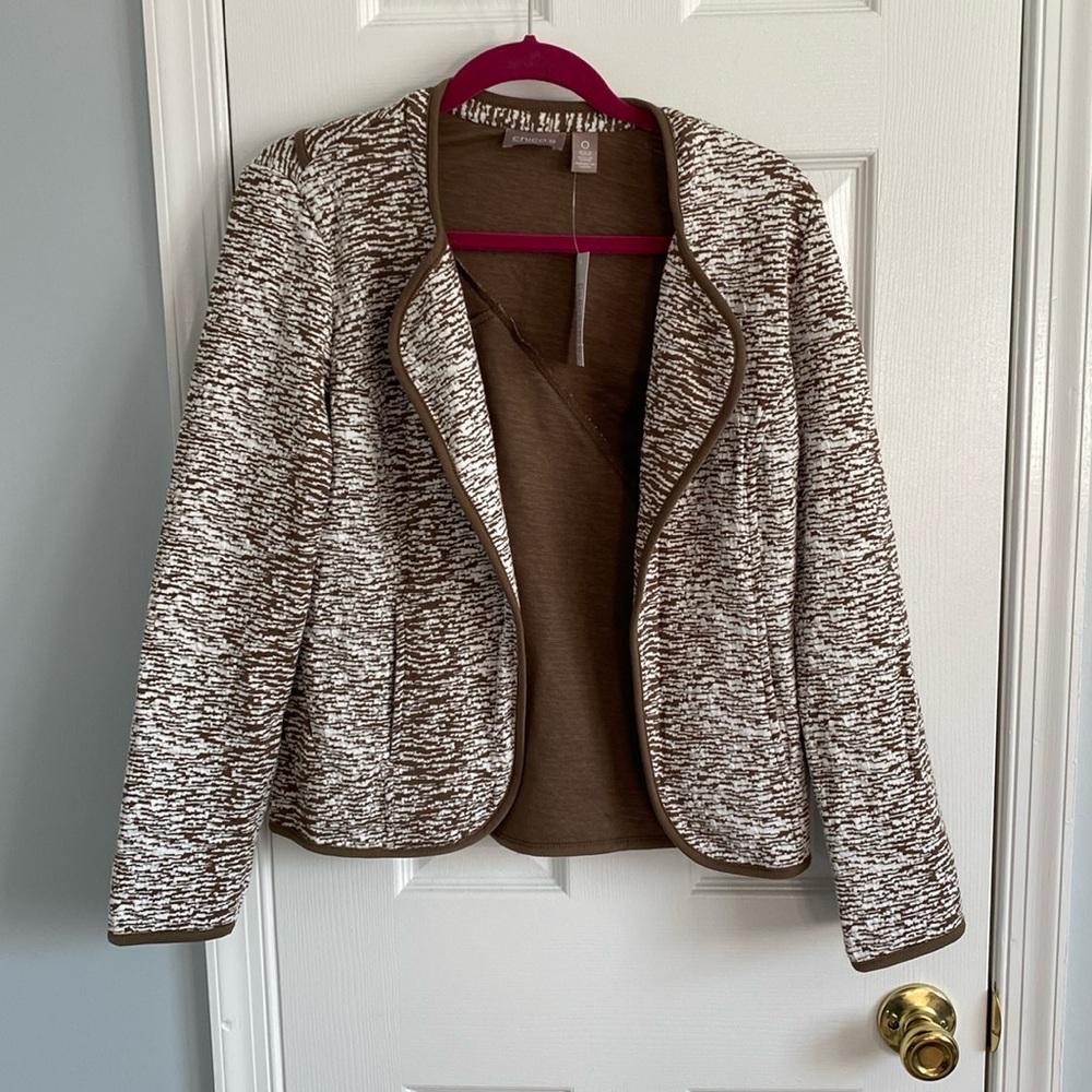NWT Chico's Jacket 0 (Women's Size Small 4/6) Open Front Printed Brown and White